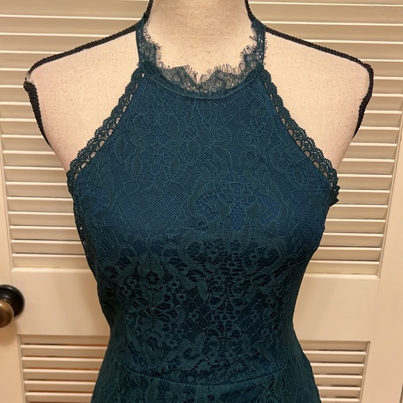 Lulus Kiss Me at Midnight Lace Halter Bodycon Midi Dress in Forest Green, Sz S - Picture 5 of 17